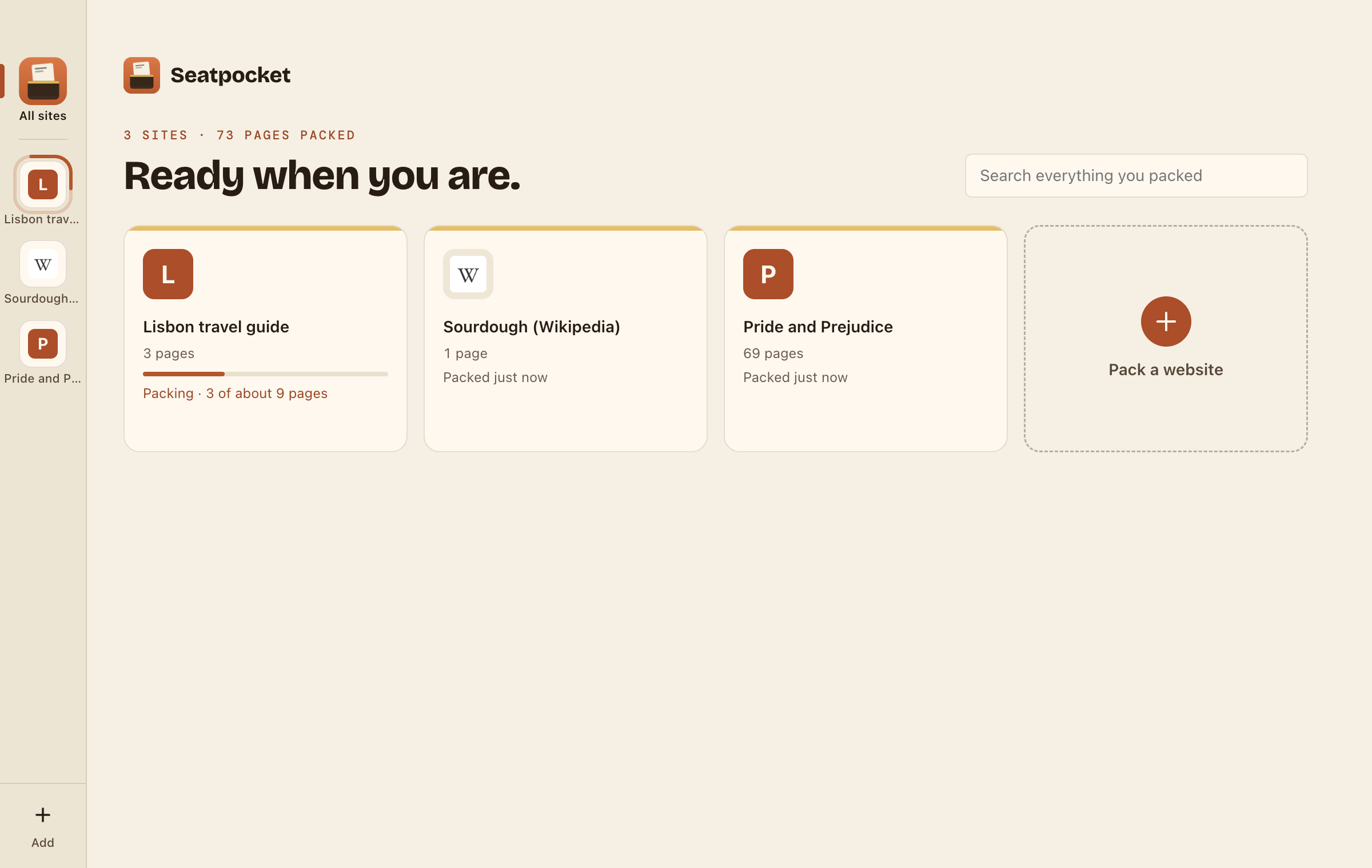 Seatpocket’s home screen: a card for each packed site, with a travel guide’s progress bar filling in as its pages are packed.
